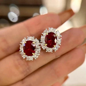 14K White Gold Oval Cut 5.00 Ct Natural Red Ruby & Diamond Lovely Earrings - Picture 1 of 6
