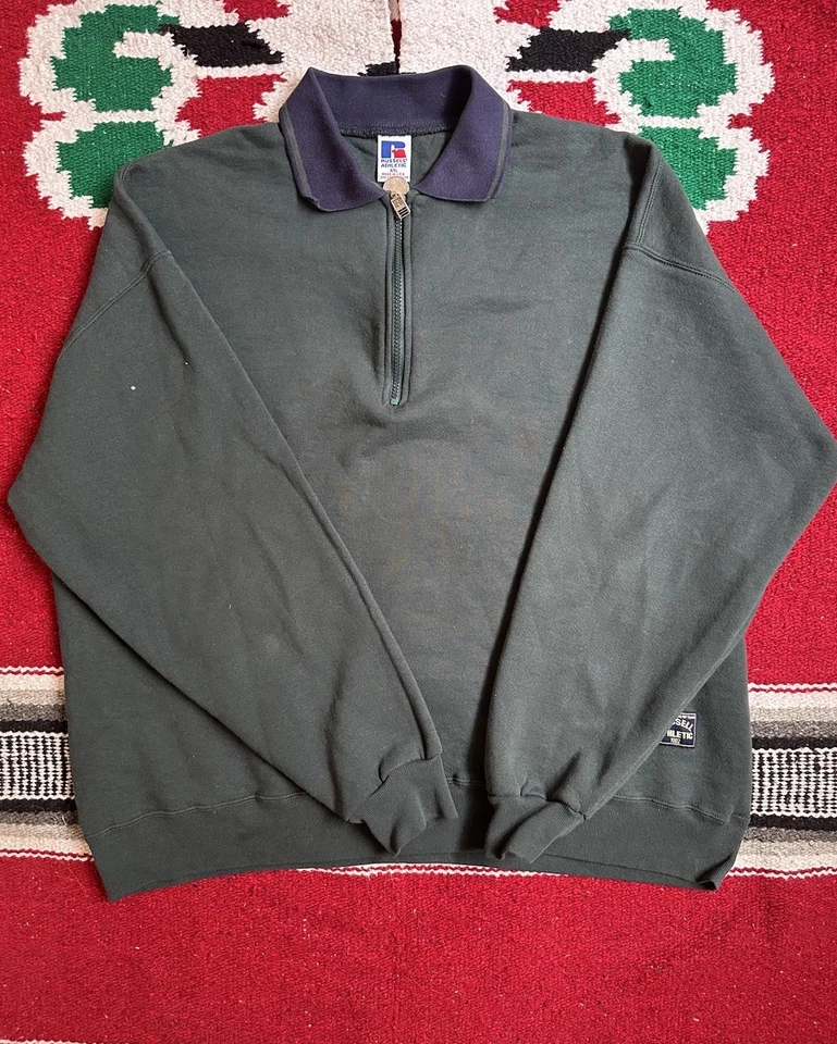 Винтажный Russell Athletic четверть молнии воротник толстовка зеленый/синий мужской XXL США - Изображение 1 из 4