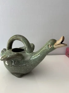 Pottery Duck Watering Vessel   12.5” Long Holds 39oz. Green  Pitcher Goose Can - Picture 1 of 10