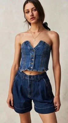 Free People We The Free Top Secret Bermuda Indigo Denim Shorts Size 26W - Image 1 of 4