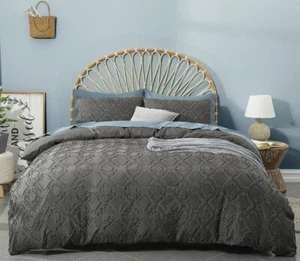 BEDAZZLED Duvet Cover Charcoal Queen 3 PC Set size (90" x 90") Boho Tufted - Picture 1 of 7