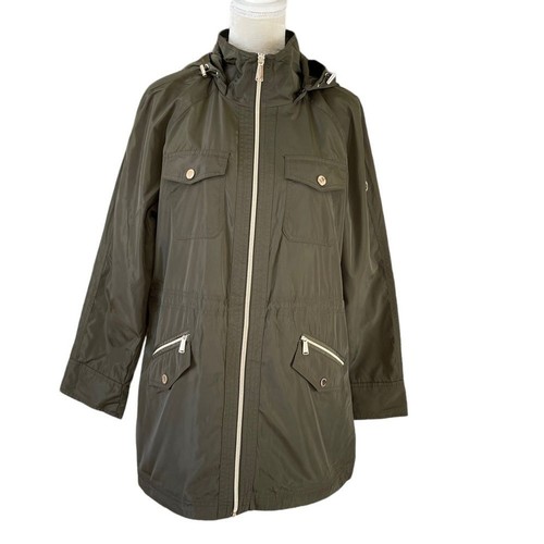 Giacca donna Michael Kors verde oliva con cappuccio taglia L leggera con coulisse