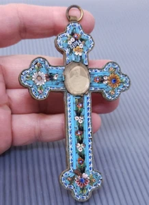 Vintage Italy "Roma" Pope Micro Mosaic Blue Glass Brass Cross Large Pendant - Picture 1 of 6