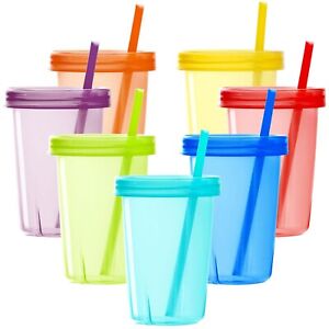 Youngever 7 Sets Plastic Kids Cups with Lids and Straws, 7 Reusable Toddler Cups