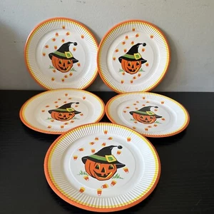[ Vintage - Lot of 5 ] Halloween Pumpkin Jack O Lantern in Witch Hat 6.5” Plates - Picture 1 of 4