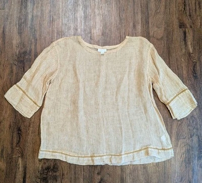 Pure J. Jill Linen Lagenlook Airy Weave Sheer 3/4 Sleeve Tunic Top Oat Sz Large - Image 1 of 4