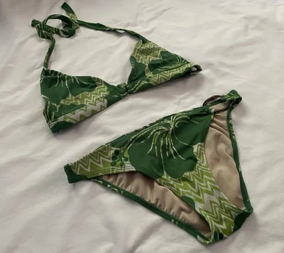 Vtg Y2K Bikini Swimsuit Small Floral Triangle Adjustable Ties Nylon Spandex - Image 1 of 4