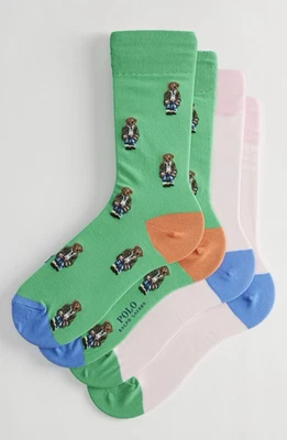 NUEVO CON ETIQUETAS Polo Ralph Lauren American In Paris Oso Calcetines holgados Para hombres Verde/Rosa 2-PK Foto 1 de 4