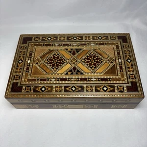 Vintage Mosaik Holz Schatulle Schmuck Perlmutt Intarsien rot Samt innen 9,5" - Bild 1 von 15