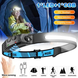 Waterproof COB LED Motion Sensor Head Torch Headlight USB Rechargeable Headlamp - Picture 1 of 10