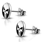 Stainless Steel Punisher Skull Round Circle Button Stud Post Piercing Earrings