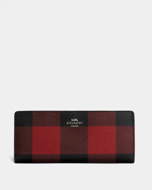 Coach C7304 Slim Wallet with Buffalo Plaid Print for Women - Black/Red