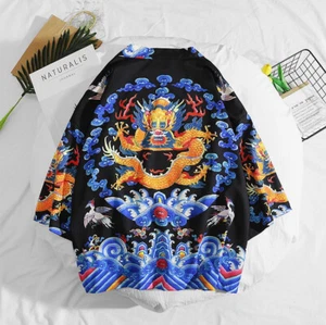 Womens Ladies Chinese Japanese Oriental Kimono Royal Dragon Black Top ltop19 - Picture 1 of 2