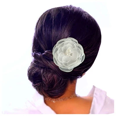 Pince à cheveux bibi mariage cérémonie organza fleur plate blanche taille L - Photo 1/3