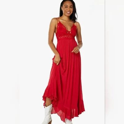 Vestido Free People Nuevo con Etiquetas Adella Maxi Sin Mangas Boho Crochet Encaje Rojo Pequeño Nuevo Foto 1 de 4