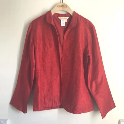 Chaqueta Blazer Norm Thompson Vintage Rojo Seda Bordada Frente Abierto Talla S Foto 1 de 4