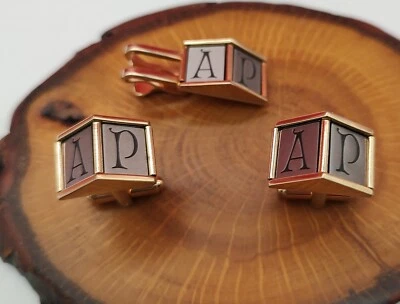A/P Monogram Initial Letter Font Name Vintage HICKOK Cuff Links & Tie Bar Clip - Image 1 of 4