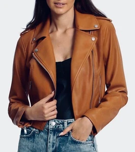 7 For All Mankind Women's Size XS Faux Leather Moto/Biker Jacket, Chestnut Brown - Picture 1 of 6