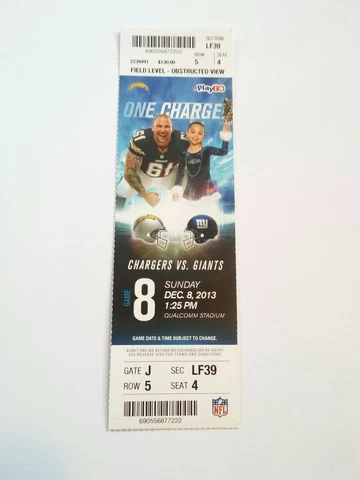 2013 San Diego Chargers New York Giants NFL Football Full Ticket Stub Cover