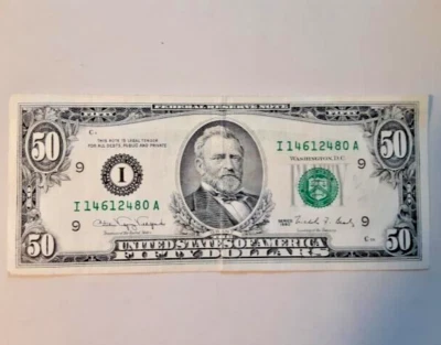 1990 $50 Fifty Dollar Federal Reserve Note Minneapolis small portrait Grant - Image 1 of 2