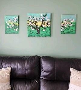 Old Tree Spring Blooms Paintings on 3 Canvases Original Paintings Pink Folk Art - Picture 1 of 5