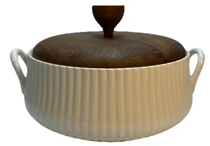 Vintage 1960 Ernest Sohn Doric Keramik Kasserolle mit Teak Deckel 3,5 QT MCM, USA - Bild 1 von 8