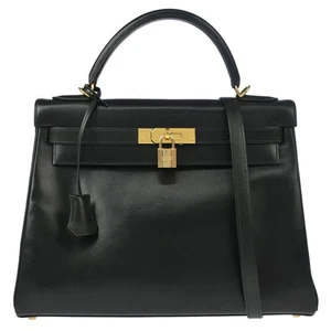 Hermes Black Box Calf Kelly 32 Retourne 2way Handbag □F 80.S 186421 - Picture 1 of 10