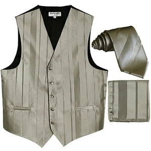 New Men's tone on tone Stripes Tuxedo Vest Waistcoat_tie & hankie Silver prom - Picture 1 of 4