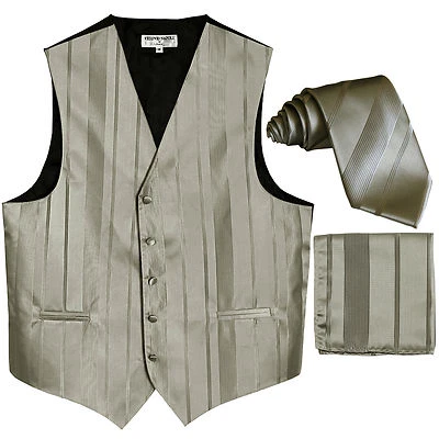 New Men's tone on tone Stripes Tuxedo Vest Waistcoat_tie & hankie Silver prom  - Image 1 of 4
