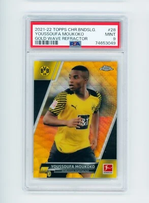 2021-22 Youssoufa Moukoko Topps Chrome Gold Wave Refractor Dortmund 19/50 PSA 9 - Image 1 of 3