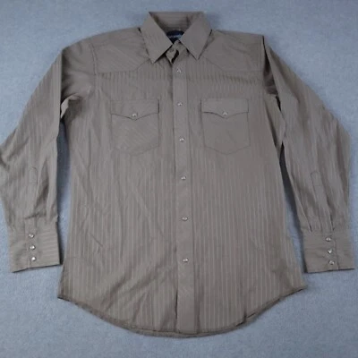 Wrangler Shirt Mens Medium Western Cowboy Pearl Snap Brown Striped Long Sleeve - Image 1 of 4