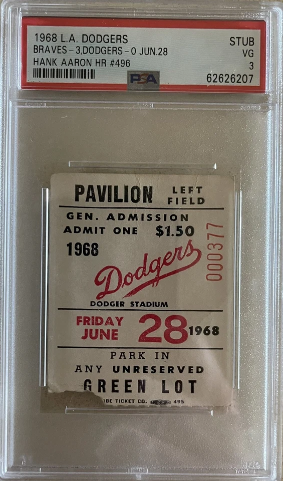 HANK AARON HR #496 TICKET STUB 1968 🎟 BRAVES VS DODGERS 6/28/68🔥PSA 3 VG - Image 1 of 2
