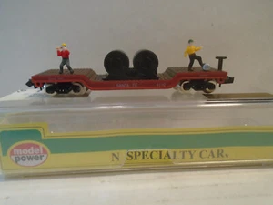 MODEL POWER #4110 N SCALE SANTA FE METAL FLAT CAR W/CABLE  REELS& FIGURES NEW - Picture 1 of 4