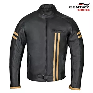 RIDERACT® Mens Motorcycle Leather Jacket Striper Motorbike Jacket Black Armored - Picture 1 of 11