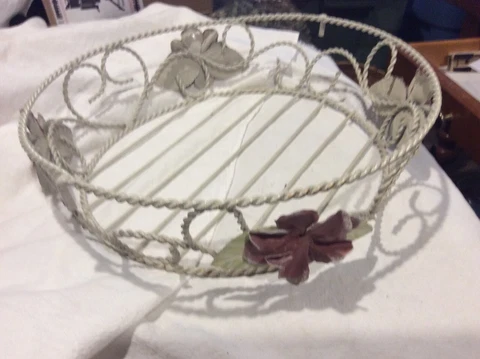 Unique Metal Round Basket w/Mauve Flowers Cover