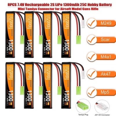 8 x 7,4V 1300mAh LiPo Batterie 25C mit Tamiya-Stecker für Airsoft M4, AK47 NEW - Bild 1 von 4
