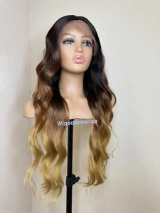 Golden Blonde Ombre Lace Front Middle Part 26 Inch Long Wavy Layered - Picture 1 of 7