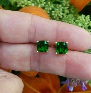 14K Yellow Gold Plated 2.00 Ct Cushion Simulated Emerald Solitaire Stud Earrings - Picture 1 of 5