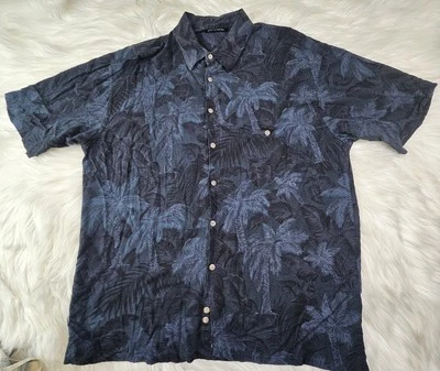 Pierre Cardin Button Up Short Sleeve Shirt  Black Blue Palm Trees (L) - Image 1 of 4