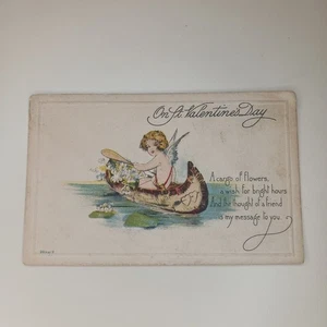 Valentinstag Postkarte Amor im Kanu mit Blumen Herzen geprägt unbespielt - Bild 1 von 7