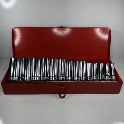 MINT Snap On 214SFY 14Pc 3/8 Dr 12Pt SAE Flank Dr Deep Socket Set W/ Metal Case - Image 1 of 4