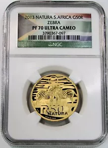 2013 GOLD SOUTH AFRICA 684 MINTED 50 RAND ZEBRA NATURA NGC PROOF 70 ULTRA CAMEO - Picture 1 of 3