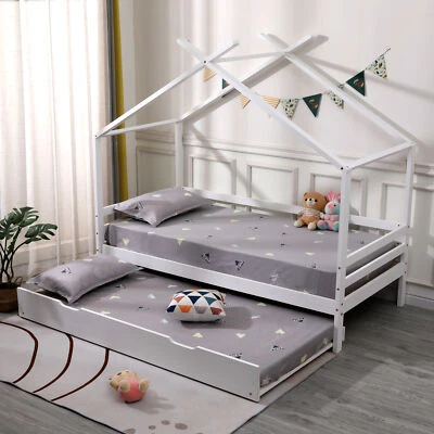 SLUMBERWORX TEDDY KIDS WOODEN HOUSE TREEHOUSE SINGLE BED FRAME - WHITE/GREY - TRUNDLE OPTION