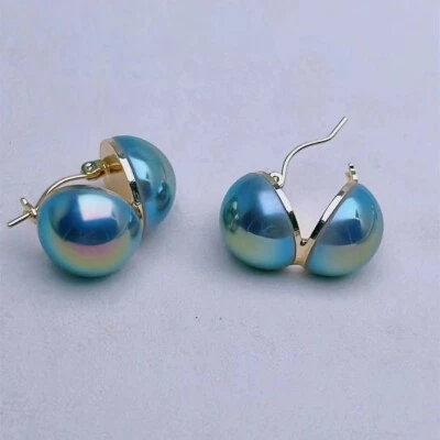 Double Sea Shell Blue Grey MABE 14mm Pearl HOOP Stud Earrings 14K Gold Plated - Image 1 of 4