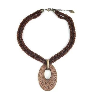 Coldwater Creek Double Strand Micro Beaded Necklace Carved Wood Metal Pendant - Изображение 1 из 4