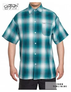 CAL TOP Teal Blue Shirt Short SLEEVE Button Front Old School Flannel - Picture 1 of 4