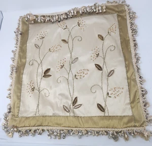 Pillow Cover Silk Embroidery Needlework Flowering Vines Leaf Tassel Trim Zip - Picture 1 of 11