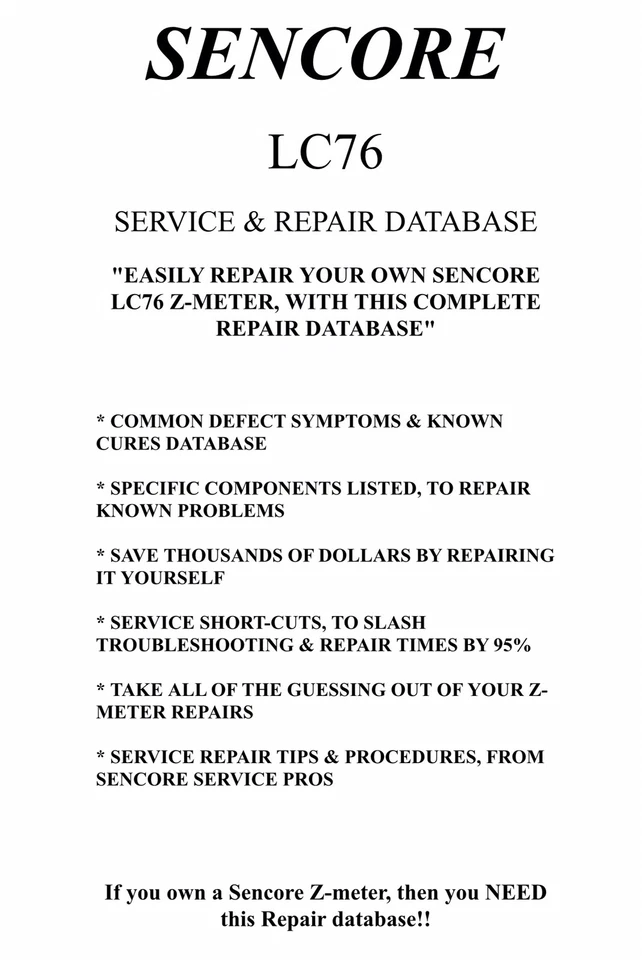 SENCORE LC76 (SERVICE & REPAIR DATABASE) Symptoms&Cures, Precise Repair Details! - Image 1 of 1