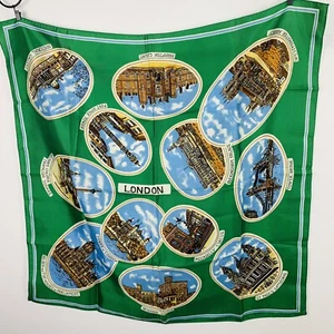 Womens Square Scarf Wrap Green London Picadilly Big Ben Buckingham VINTAGE - Picture 1 of 12