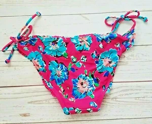 Aerie Womens Small Swim Suit Ruffle Bikini Bottom Pink Blue Floral Tie Sides NEW - Picture 1 of 7